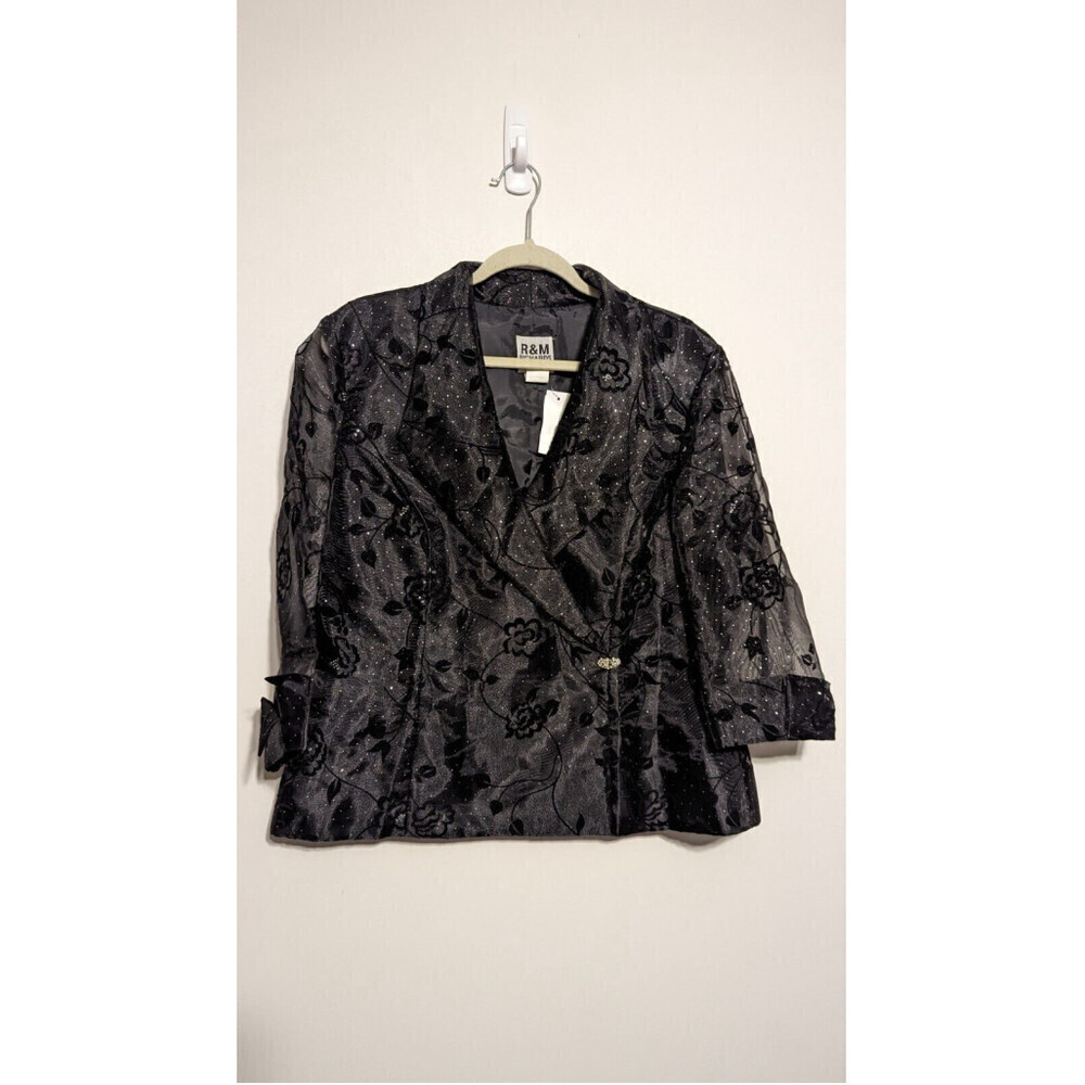 R&M Richards Black Silver Glitter Floral Design Lightweight Formal Jacket - 14